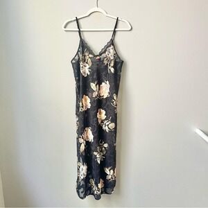 Vintage Slip Dress Women's Medium Black Floral Peach Semi Sheer Lace 90s Dainty